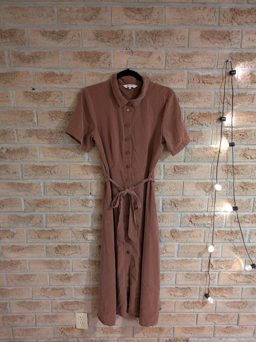 Short-Sleeve Button Midi Dress with Self-Tie Waist - Brown